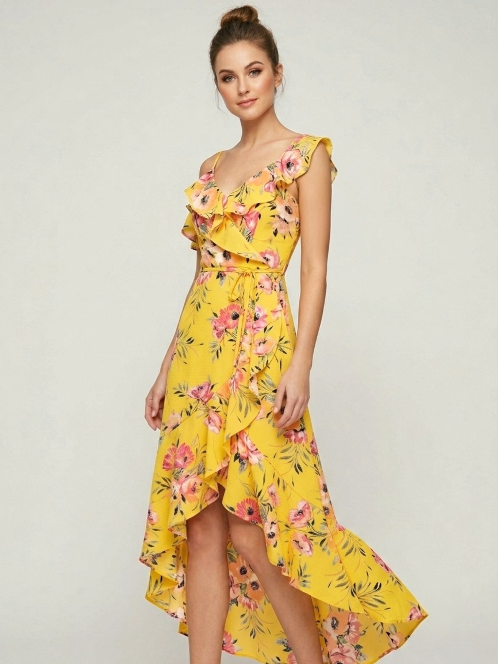 BCX Yellow Floral Ruffle High-Low Wrap Dress M